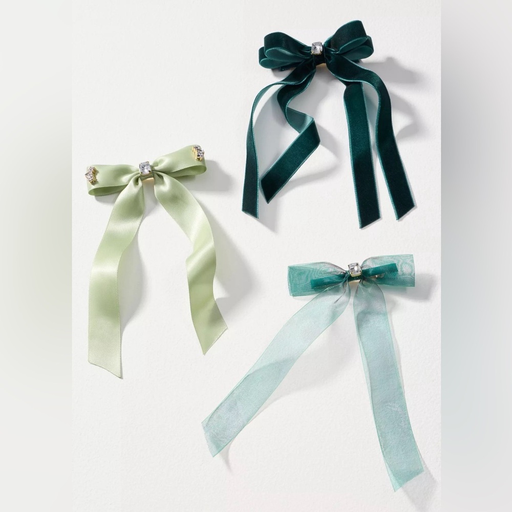 NWT Anthropologie Gemstone Bow Hair Clips Green Set of 3